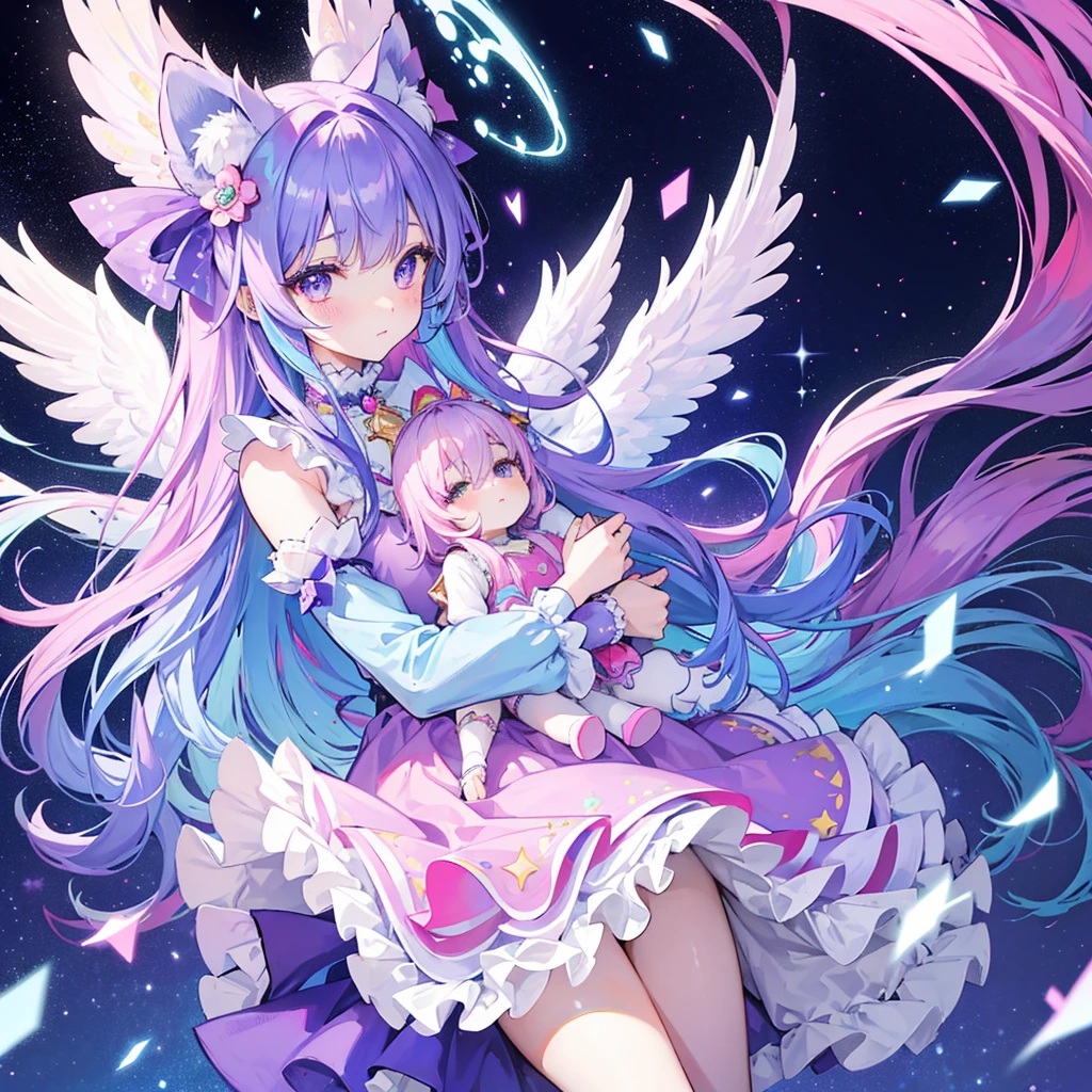 A whimsical and colorful illustration of a young girl with cat ears and long flowing hair, styled in pastel shades of blue, pink, and purple. She is dressed in a frilly, ruffled outfit with multiple bows and accessories, exuding a playful and magical aura. The girl's large eyes are bright and expressive, adorned with sparkles that reflect the surrounding vibrant colors. She holds a small, cute creature in her arms, adding to the overall enchanting atmosphere. The background is filled with twinkling stars and abstract shapes in various pastel hues, creating a dreamy, fantastical setting.