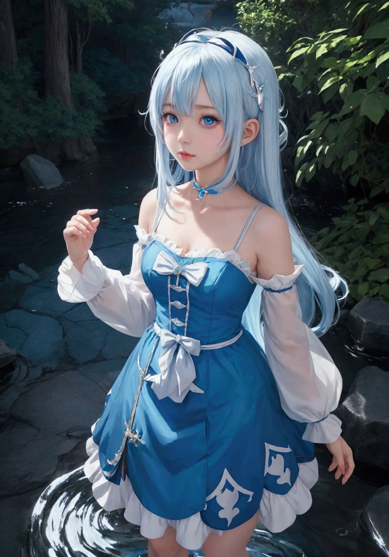 ultra-detailed, highly detailed, best quality, masterpiece, illustration, 
 a girl in a blue dress with white hair and blue eyes is standing in the, splash art anime , wallpaper anime blue water, anime monster girl, anime wallaper, cute anime girl, anime illustration, anime visual of a cute girl, ruan cute vtuber, anthropomorphic shark, anime artwork, cute anime, cute artwork, digital anime art, cute character, cute anime girl portraits, best anime 4k konachan wallpaper, anime character art, with blue skin, anime girl, cute anime style