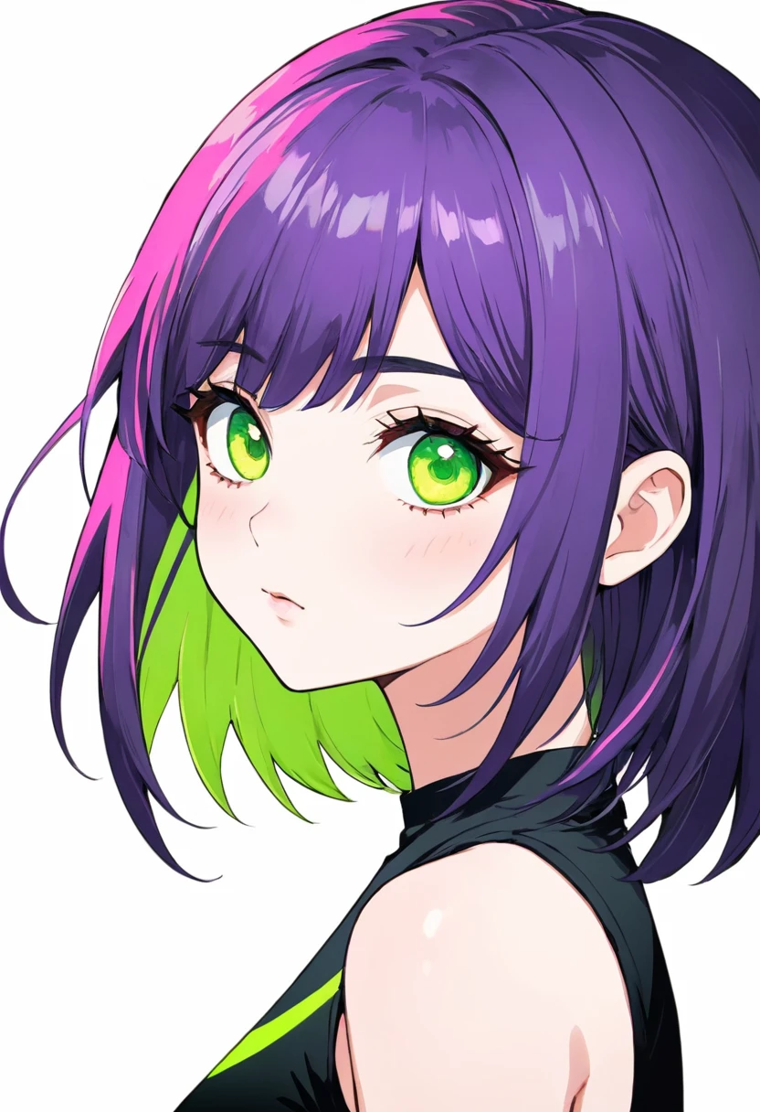 3/4 side face of a beautiful woman, realistic anime style, short shoulder-length wavy hair, butterfly cut bangs divided in half, neon purple hair with neon pink tips, eyes with long lashes, lime green eyes, serious expression, with blush on her cheeks, 3/4 face position, girl with serious expression, wearing a light green blouse, photo pose with face half to one side
