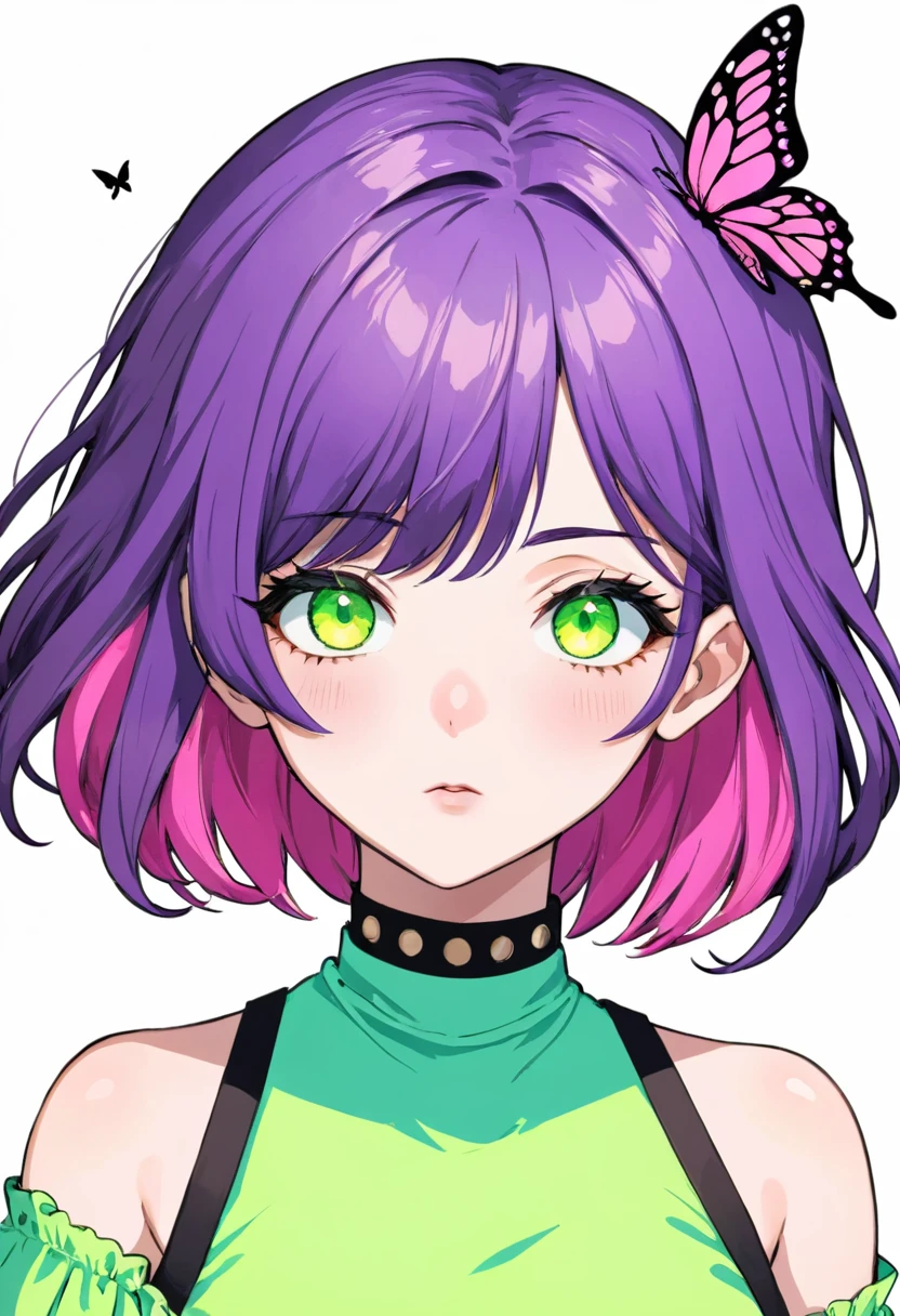 3/4 side face of a beautiful woman, realistic anime style, short shoulder-length wavy hair, butterfly cut bangs divided in half, neon purple hair with neon pink tips, eyes with long lashes, lime green eyes, serious expression, with blush on her cheeks, 3/4 face position, girl with serious expression, wearing a light green blouse, photo pose with face half to one side
