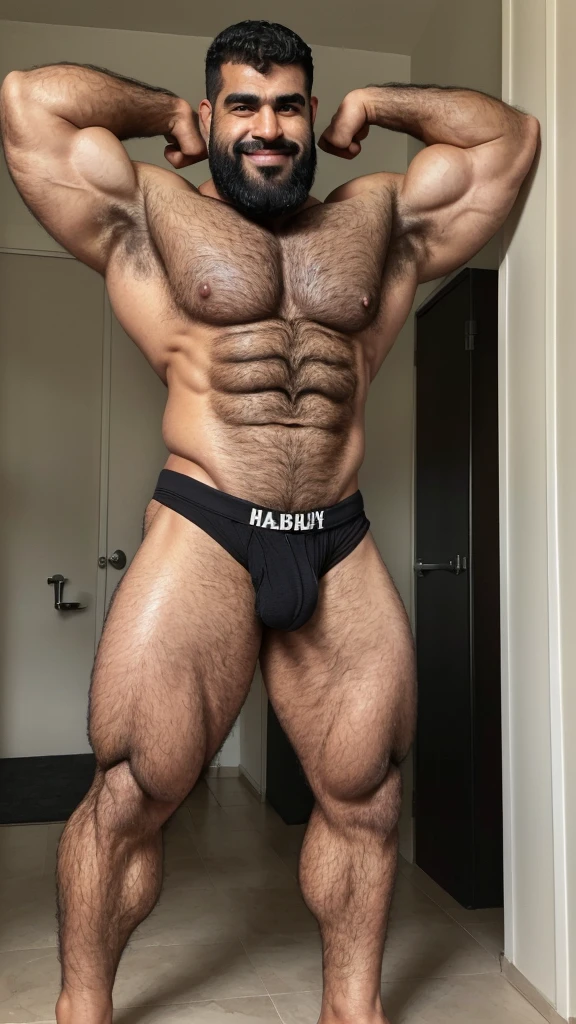 Extremely muscular, very hairy, rugged Arab daddy flexing his arms ((Sweaty)) ((Hairy)) ((Thick, full, curly black body hair all over)) ((Thick, excessive chest hair)) ((Curly, full pubic hair)) ((Thick, full happy trail of hair all over his abs)) ((Late 40s)) ((Extremely handsome)) ((Square jaw)) ((Sweating)) ((Smiling menacingly)) ((wearing black underwear)) ((black briefs)) ((Excessive pubic hair)) ((Short, military haircut)) ((Buzz cut)) ((Homoerotic)) ((Extremely realistic)) ((Seductive glare)) ((Unibrow)) ((unibrow)) ((caveman brow bone)) ((moustache)) ((head to toe)) ((full body)) ((hairier)) ((more hair)) ((ape)) ((more body hair)) ((extreme body hair)) ((fur)) ((dad bod)) ((very tan)) ((tan)) ((middle eastern)) ((Arab)) ((black briefs)) ((front double bicep)) ((flexing biceps)) ((flexing arms))