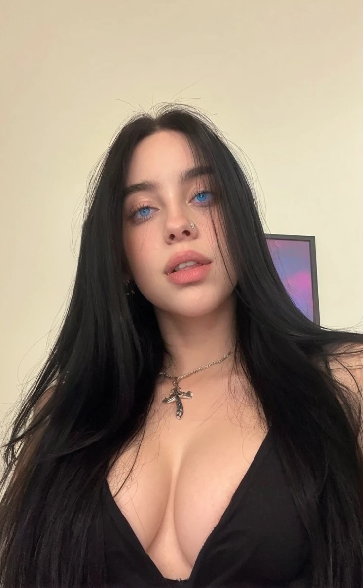 1 girl, sultry body, big boobies, seducing gaze, perfect and intense face, 8 k quality, billie eilish, blue colored eyes.