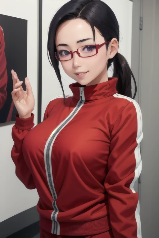 masterpiece, best quality,  satou sakie, glasses, track jacket, jacket opened, red pants, looking at viewer, large breasts, upper body, portrait, looking at viewer, parted lips, seductive smile,