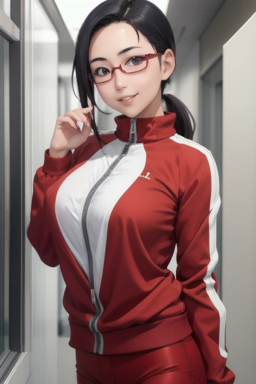 masterpiece, best quality,  satou sakie, glasses, track jacket, jacket opened, red pants, looking at viewer, large breasts, upper body, portrait, looking at viewer, parted lips, seductive smile,