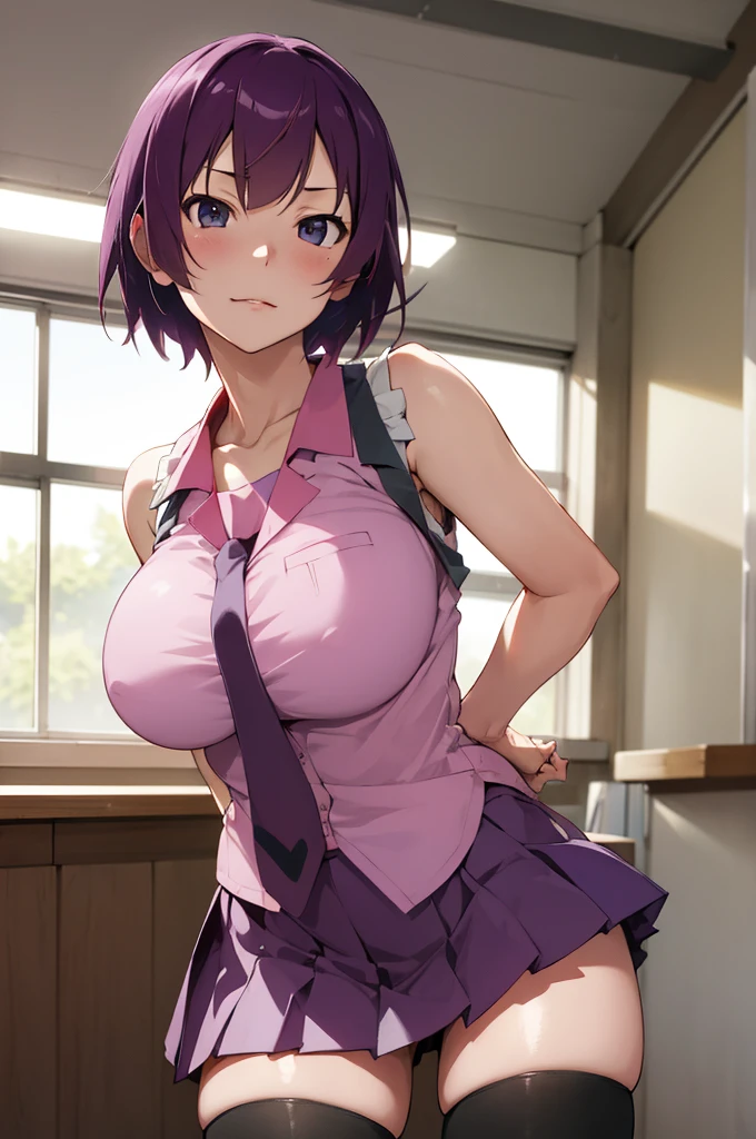 masterpiece, best quality, highres, sh1, senjougahara hitagi, short hair, sleeveless, necktie, , pleated skirt, black thighhighs, pink shirt, cowboy shot, classroom,huge breasts,curvy