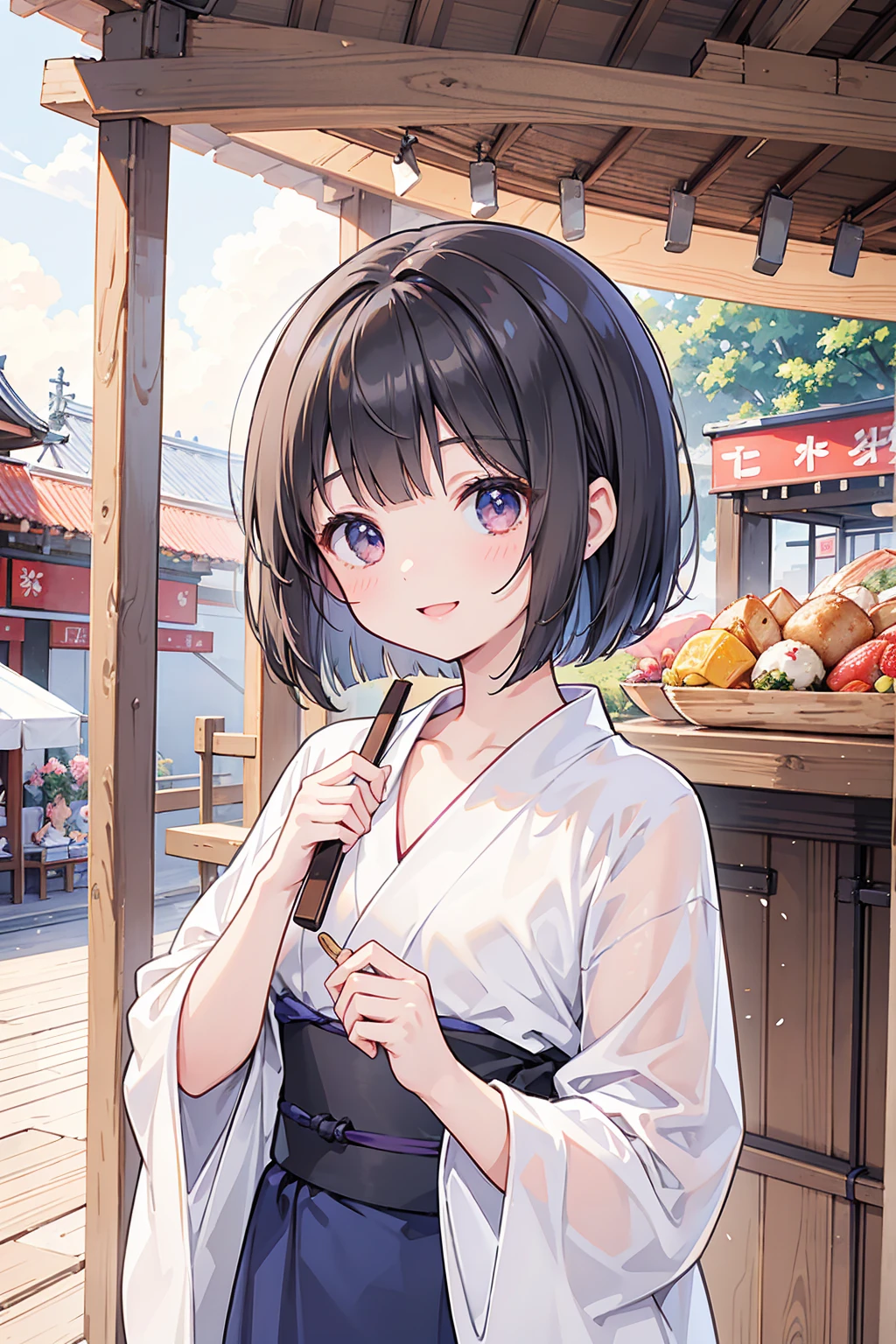 Photorealistic、Highest quality、Highest Resolution、Highest quality、８Ｋ、1人のBeautiful woman、Beautiful woman、Beautiful woman、cute、Bob Cut Hair、Dark Hair Color、yukata、Summer festival、noon、morning、cloudy、Lots of food stalls、looks fun、smile、