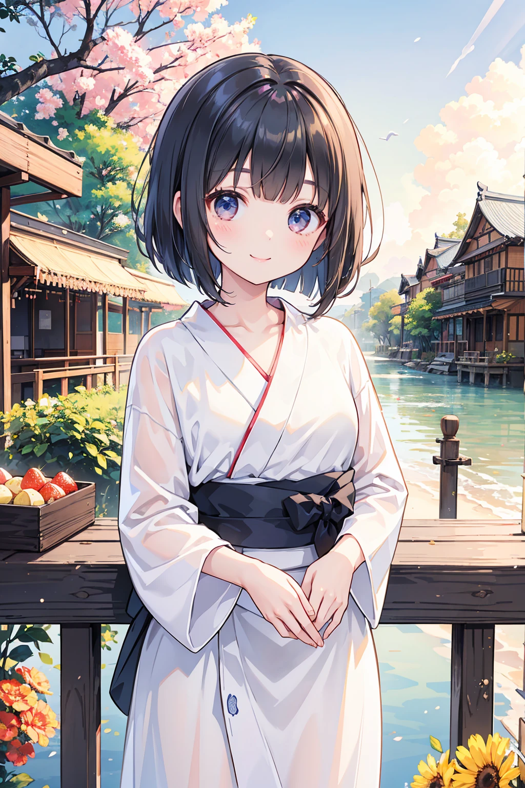 Photorealistic、Highest quality、Highest Resolution、Highest quality、８Ｋ、1人のBeautiful woman、Beautiful woman、Beautiful woman、cute、Bob Cut Hair、Dark Hair Color、yukata、Summer festival、noon、morning、cloudy、Lots of food stalls、looks fun、smile、