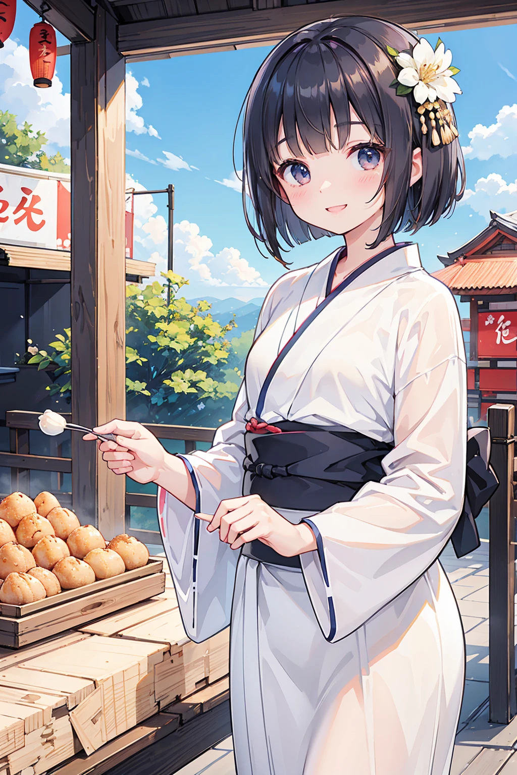 Photorealistic、Highest quality、Highest Resolution、Highest quality、8K、1人のBeautiful woman、Beautiful woman、Beautiful woman、cute、Bob Cut Hair、Dark Hair Color、yukata、Summer festival、noon、morning、cloudy、Lots of food stalls、looks fun、smile、