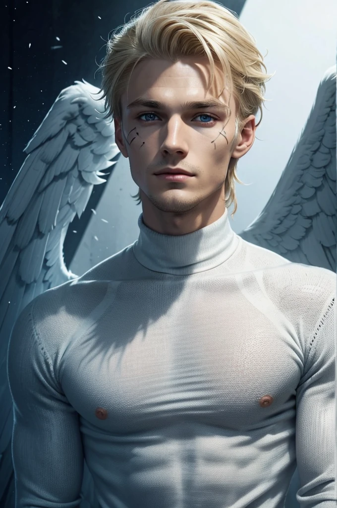 young man with blonde hair combed back. With dark and serious blue eyes, **he has multiple diagonal scars that go from one side of his face to the other as if they were scratches****he has multiple diagonal scars that go from one side of his face to the other as if they were scratches****he has multiple diagonal scars that go from one side of his face to the other as if they were scratches****he has multiple diagonal scars that go from one side of his face to the other as if they were scratches****he has multiple diagonal scars that go from one side of his face to the other as if they were scratches****he has multiple diagonal scars that go from one side of his face to the other as if they were scratches****he has multiple diagonal scars that go from one side of his face to the other as if they were scratches**. The expression on his face is serene and contemplative. He wears a blue turtleneck sweater with long sleeves that cover his hands. Large white wings extend from his back, like those of an angel.