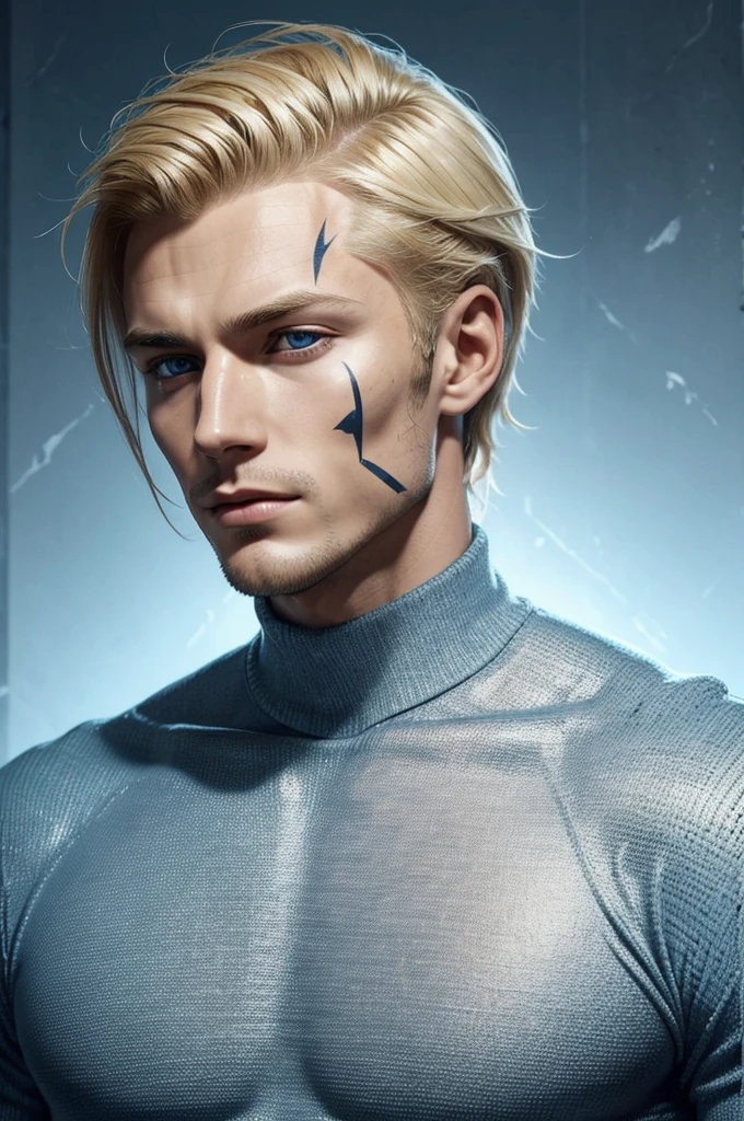 young man with blonde hair combed back. With dark and serious blue eyes, **he has multiple diagonal scars that go from one side of his face to the other as if they were scratches****he has multiple diagonal scars that go from one side of his face to the other as if they were scratches****he has multiple diagonal scars that go from one side of his face to the other as if they were scratches****he has multiple diagonal scars that go from one side of his face to the other as if they were scratches****he has multiple diagonal scars that go from one side of his face to the other as if they were scratches****he has multiple diagonal scars that go from one side of his face to the other as if they were scratches****he has multiple diagonal scars that go from one side of his face to the other as if they were scratches**. The expression on his face is serene and contemplative. He wears a blue turtleneck sweater with long sleeves that cover his hands. Large white wings extend from his back, like those of an angel.
