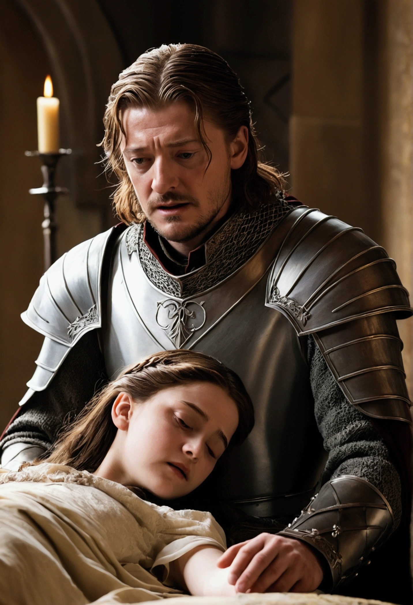 A young Eddard Stark (25 years) speaking to a dying Lyanna Stark who layes on bed