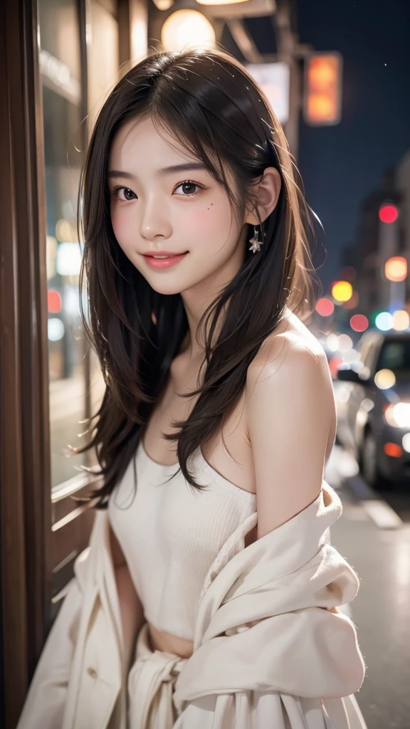 (skin scars:1.2), (skin dents), black eye, 1woman, , (((woman))), alone, realistic, highest quality, photorealistic, masterpiece, 8K, High resolution, alone, highly detailed face, (professional lighting, Bokeh), (particles of light, Lens flare, glowing particles:0.6), (dynamic pose:1.2), soft lighting, Angle seen from above, Fashionable and trendy atmosphere, Japan, (street:1), Tokyo, (city), river, ((at night)), null, ((looking at the viewer:1)), (look at the camera),(portrait:0.6), cowboy shot, nice, walk, Maintain original face proportions, wide shoulders, whole body, (Medium chest), (long hair), brown hair, floating hair, lips, lipstick, seductive smile, floating hair, (smile), (Open_mouth), teeth, Eye Ring, ((full nude)), mole, (mole under eye:1),