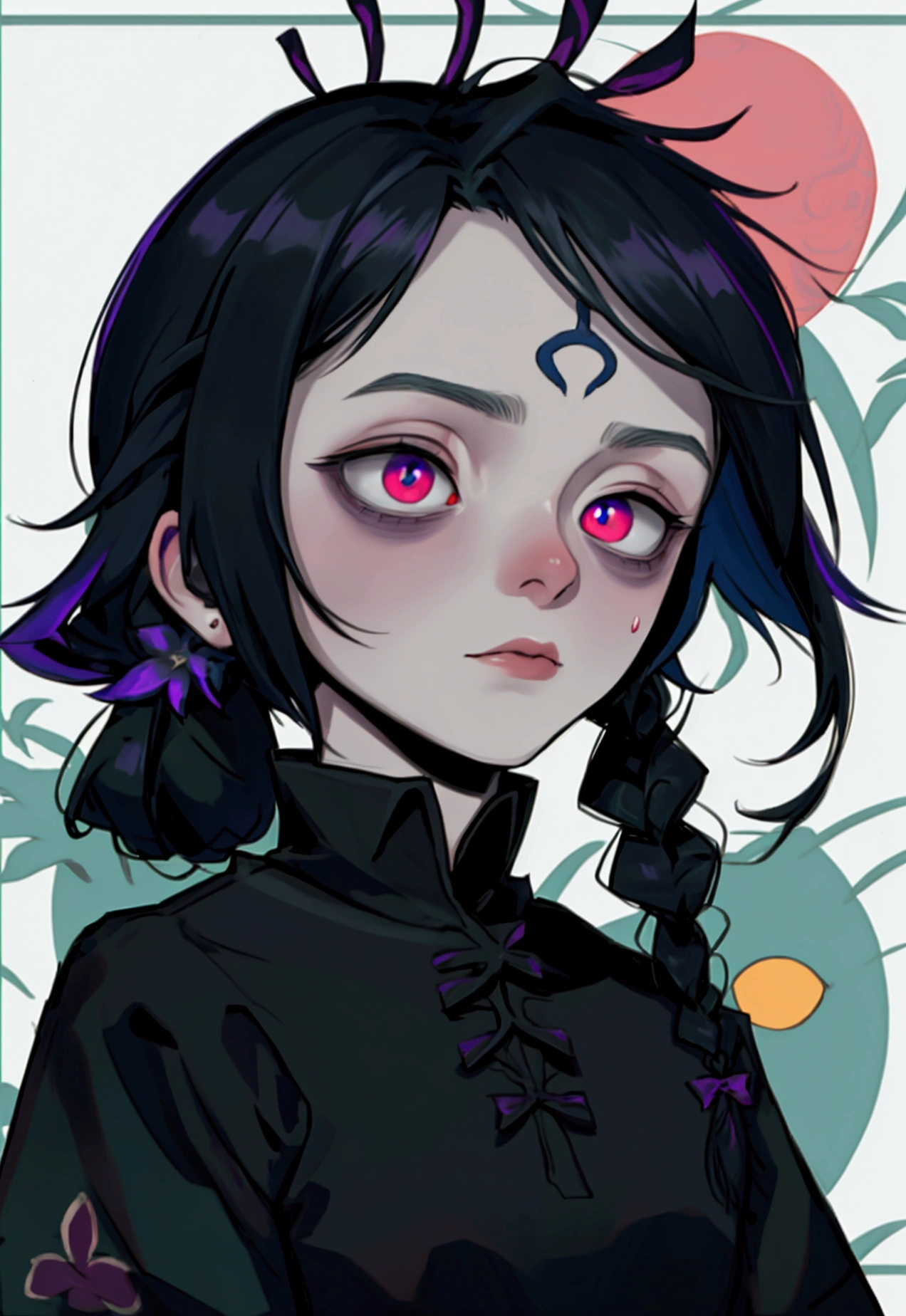 1 neeko (smooth lighting), ((Beautiful eyes))30mm lens,wide shot layout,wednesday addams BREAK 12years old,black hair,pale skin,red eyes,jitome,hollow eyes, half-closed eyes,detailed eyes,beautiful eyes,hair ornaments at hexagram,(braid),ashamed,troubled expression,best quality,ultra-detailed,(masterpiece),sweat,looking away, In old hotel