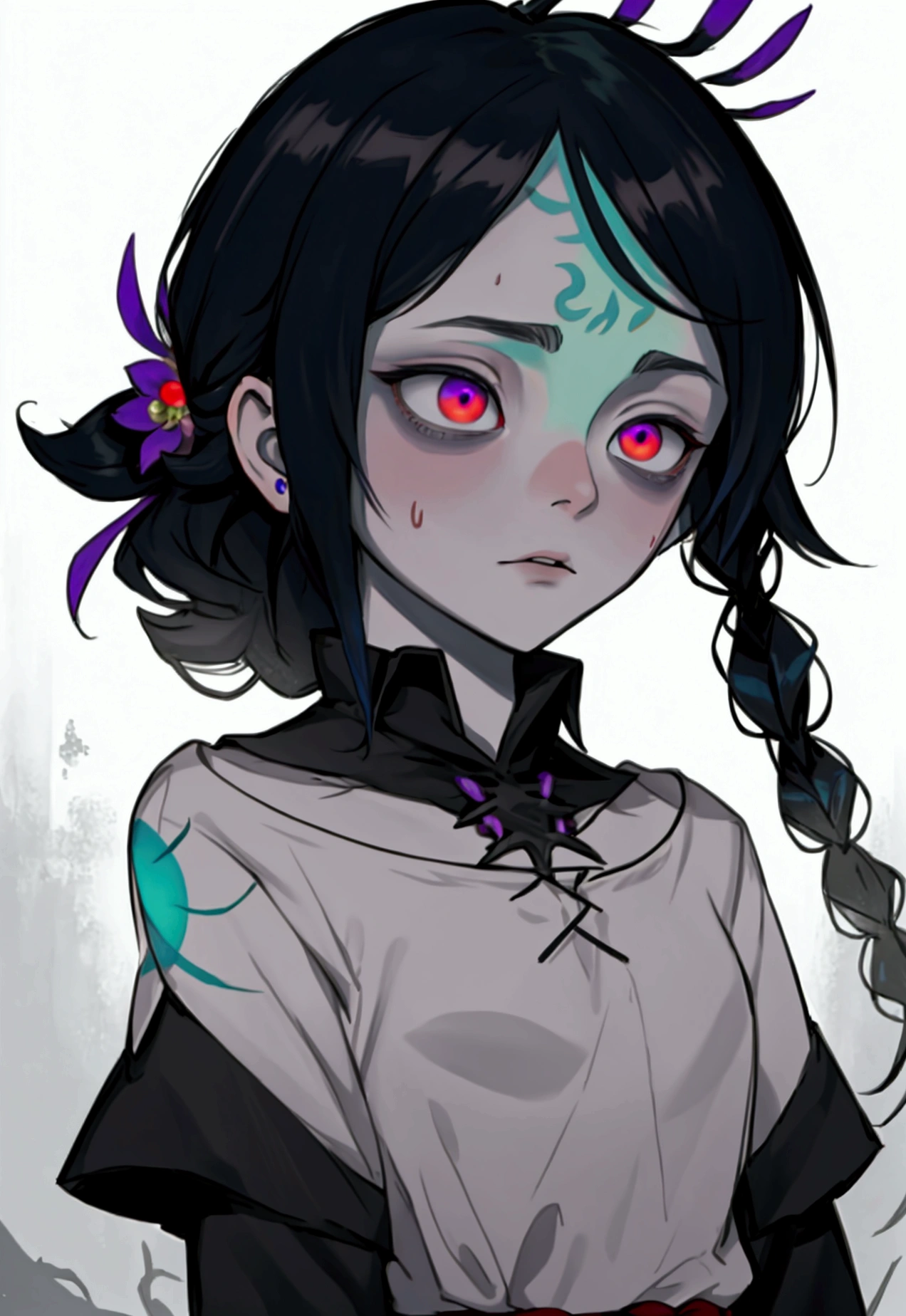1 neeko (smooth lighting), ((Beautiful eyes))30mm lens,wide shot layout,wednesday addams BREAK 12years old,black hair,pale skin,red eyes,jitome,hollow eyes, half-closed eyes,detailed eyes,beautiful eyes,hair ornaments at hexagram,(braid),ashamed,troubled expression,best quality,ultra-detailed,(masterpiece),sweat,looking away, In old hotel