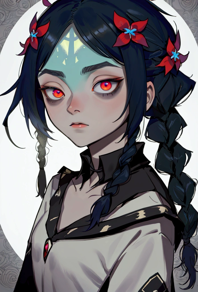 1 neeko (smooth lighting), ((Beautiful eyes))30mm lens,wide shot layout,wednesday addams BREAK 12years old,black hair,pale skin,red eyes,jitome,hollow eyes, half-closed eyes,detailed eyes,beautiful eyes,hair ornaments at hexagram,(braid),ashamed,troubled expression,best quality,ultra-detailed,(masterpiece),sweat,looking away, In old hotel
