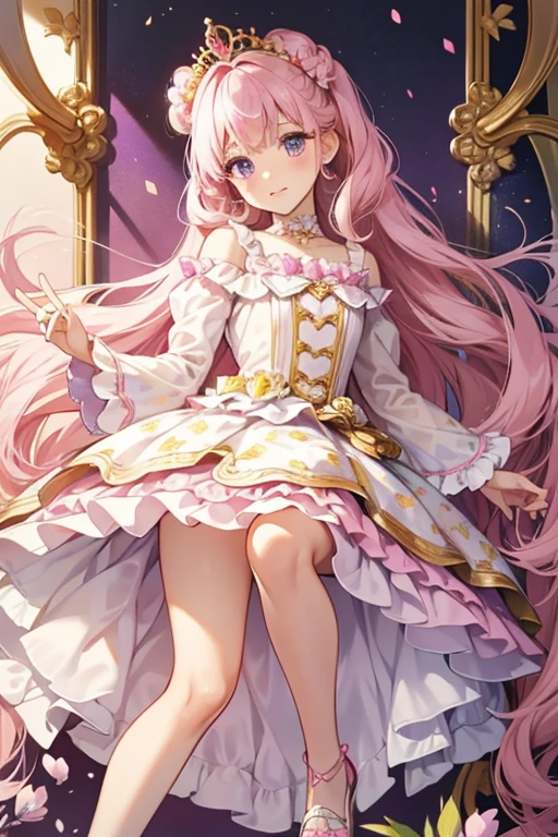 Tiara has fair skin with sky blue eyes and cherry lips. Her hair is pulled up into a ringlet with a gold tiara, and her forelocks are curled and frame her face, with her bangs brushed to the left. She wears a gold and light pink dress with a heart at the middle, and her skirt is divided into petals with a cherry layer beneath it. She also wears white tights and light pink heels with ankle straps and a crown on the toe. SPARKLE; GLITTER
