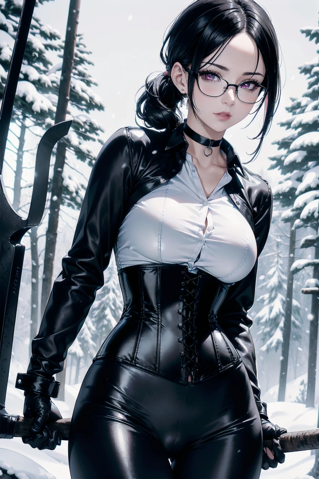 masterpiece, Superior image quality, high resolution, 4k image,photo and gross, photorealistic, 1 girl, {Alone},{{{vagina}}}, beautiful face, black hair short ponytail, Red eyes, very detailed eyes, pink cheeks, shy expression, glasses, choker:1.6, (long sleeve white collar buttoned shirt), black gloves, gloves covering hands, (holding an ax in the right hand), (black leather corset), (shiny black leggings), sensual lips , evening de invierno, show details in the eyes, view from front, looking at the viewer, snowy trail, Snowy forest, evening, Atmosphere, snow