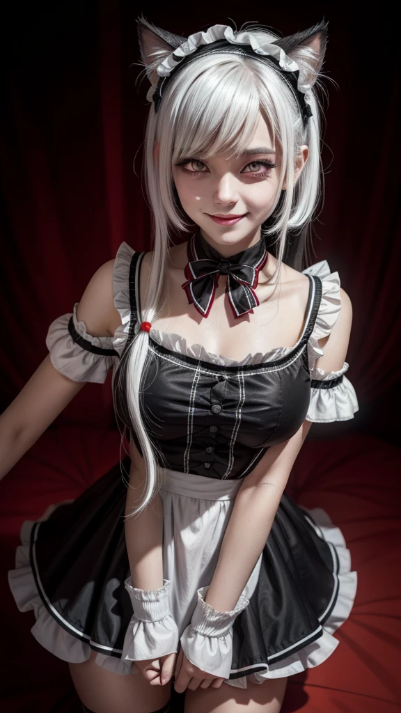 White hair，bit girl，dual horsetail，black-skinned，One eye is covered by bangs，cat ear，the maid outfit，Devilish charm，Sinister smile，Black whites of the eyeagic Array，Black and red background，slope，Cthulhu，Dark