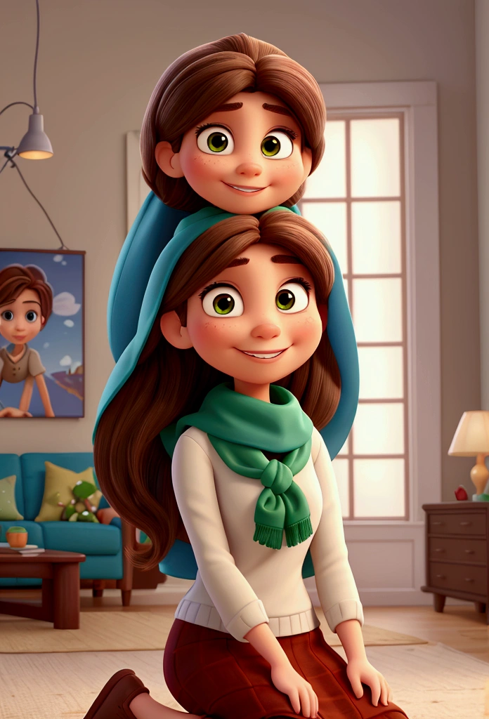 Disney Pixar-style cartoon character with straight brown hair,Brown eyes and white skin, with a broad smile, her head tilted slightly, wearing a long veil that covers her feet, a reddish gray veil, with an emerald green scarf, sitting on a modern light gray sofa, in a modern living room with artistic paintings on its walls,