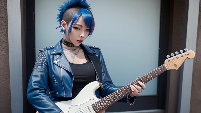 Japanese young beautiful girl idol、Full Body Tattoo、Playing guitar、Blue Mohawk、Expose large breasts、Skin-revealing punk fashion、Leather jacket covered in studs、Full body tattoos、