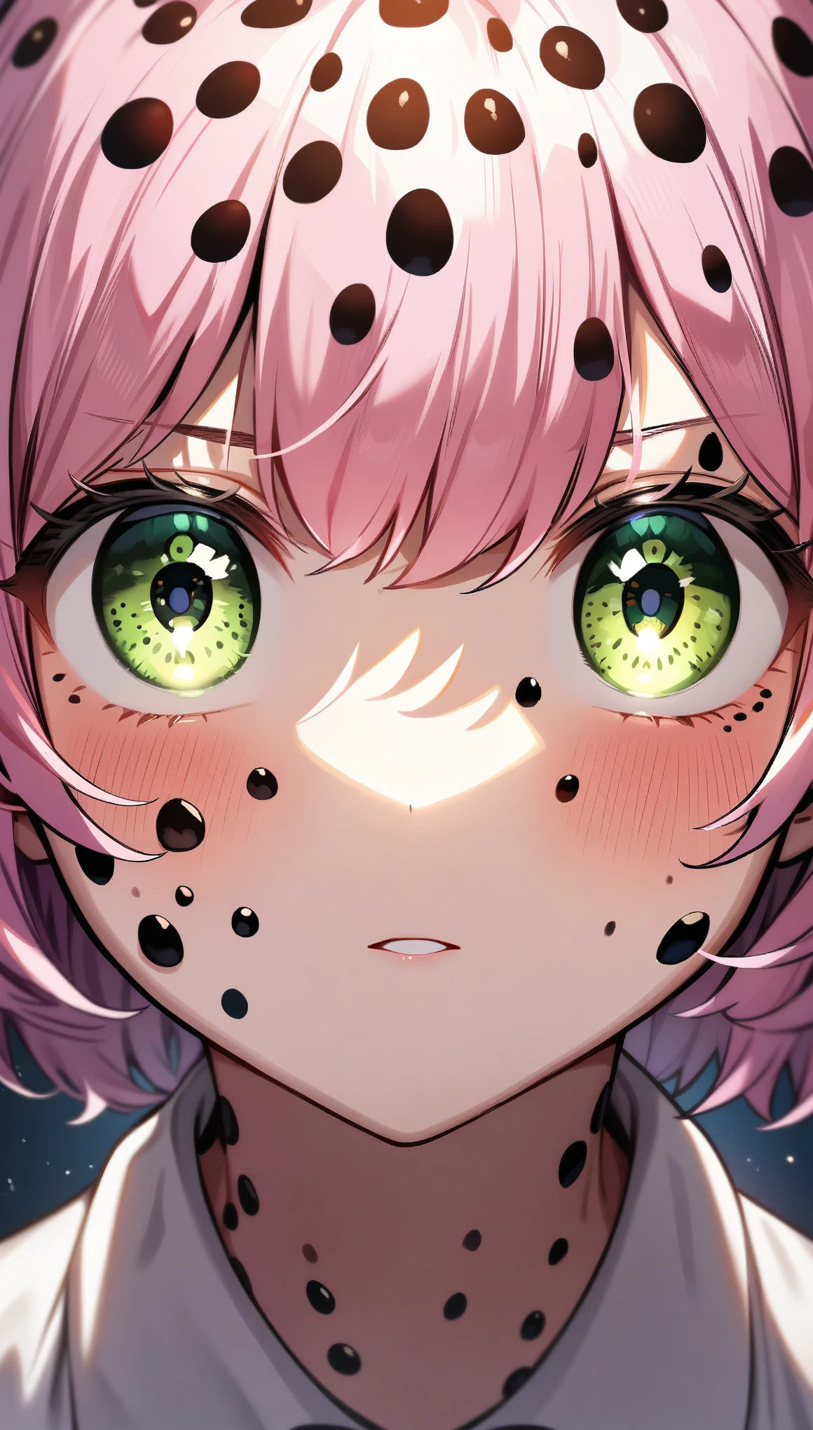 One girl、alone、Highly detailed skin、Ladybug Skin、Ladybug body、Trypophobia Eyes、Pink Hair、short hair、bangs、Green Eyes、Beautiful Eyes、White polo shirt、Sharp focus、Depth of written boundary