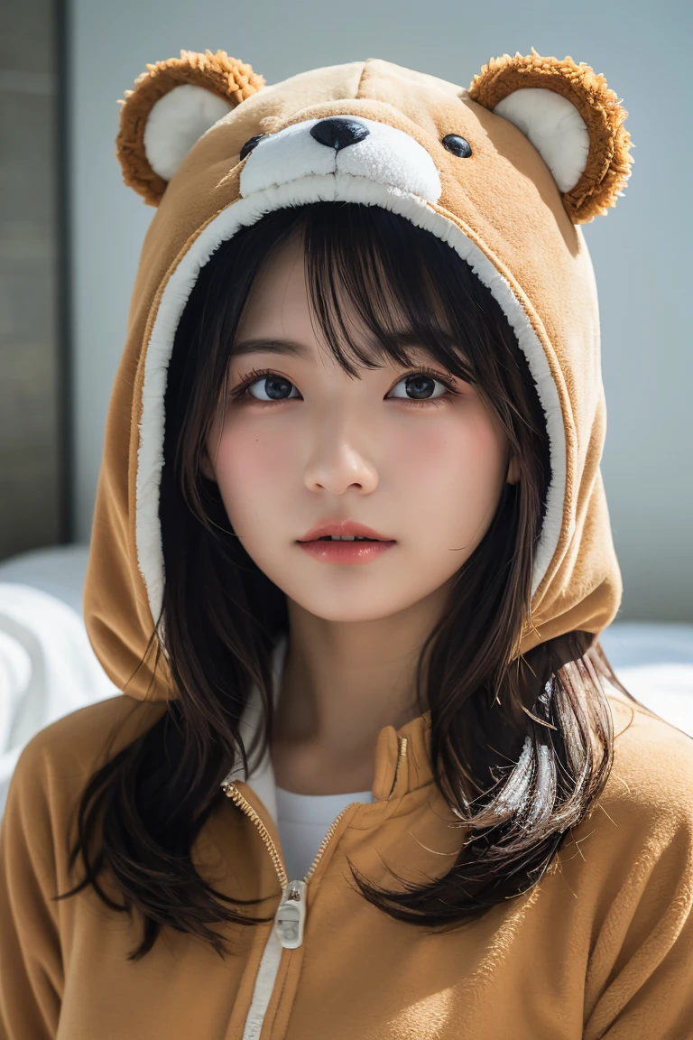 Em1lyW1ll1sV2-130, (Age 25), Long Hair, Contemporary photography, wear (bear costume), (Portraiture), Cute Bear Onesie Pajamas, Super soft light brown plush fabric, debtわdebtわフード, Cute bear hood, (35mm, debt/2.8) Photo debtocus, DOdebt, Aperture, Very sophisticated and exquisite, character, Hypermaximalist, beautiful, reveal, charm, charm, Affectionate, Ultra-realistic, Very detailed, beautiful woman, ((fine grain)), Long eyelashes, (Glossy Lips), in the her bed room, SFW