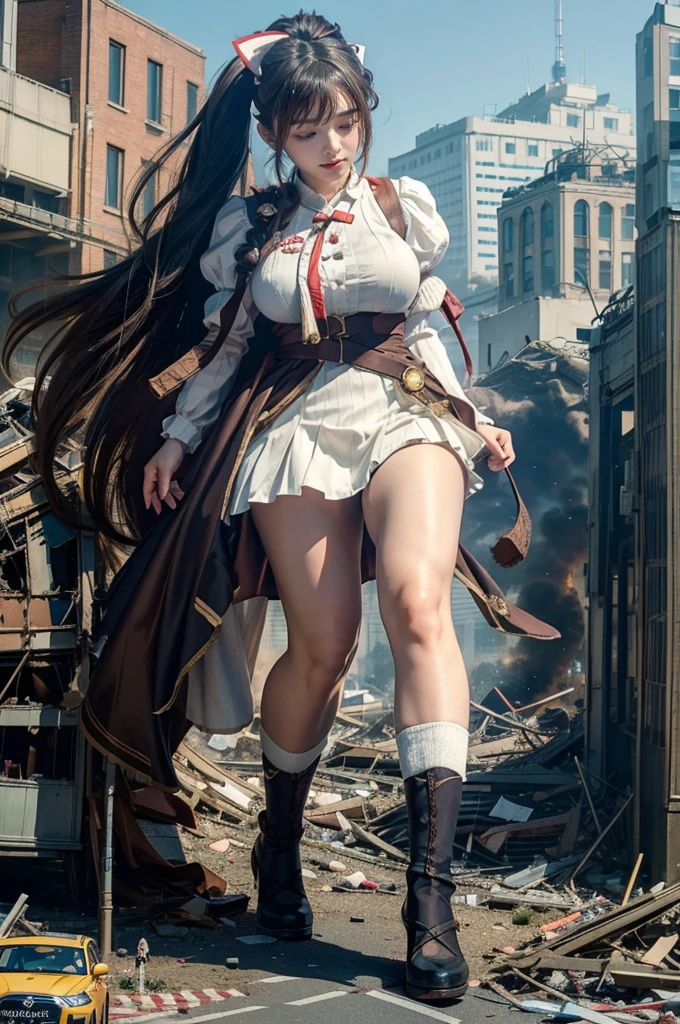 Giant girl destroying the city、looking at the camera、steampunk、Standing on top of a ruined building、Big building explosion、The building collapses、Urban hustle and bustle、Traffic jam、City of Rubble、street tree、Car and bus、truck、taxi、City boulevard、Pedestrian bridge、Streetcar route((((Azur Lane Cheshire Cosplay))))、Frilled maid outfit、((Super huge breasts))、((Plump thighs))、Ground View,City of Giants,500 foot tall giant girl,skyscraper,Has super long legs,Step into the crowd,There are many people on the street,Knee-high socks,A happy look,Standing on the ruins,Beautiful appearance,Exquisite makeup,quality,8K,高quality,Perfect Proportions, Cinema Lighting,Film Grain,The Colors of Fuji,8K,Textured skin,Super Detail,High detail,high quality,High resolution,explode,False Smile、Reaching out