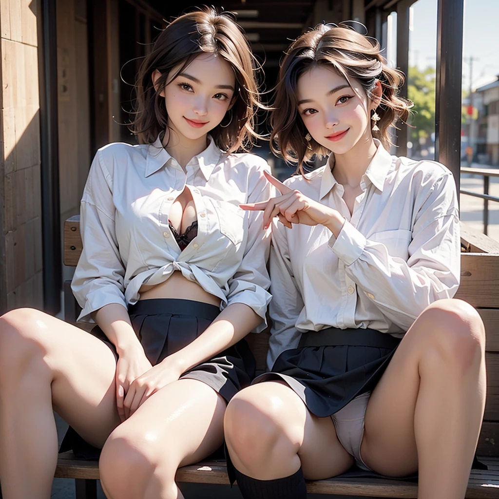 In 8K,Highest quality,The real picture,Intricate details,Ultra-high resolution,Depth Field,Masseter muscle area,Natural soft light,Professional Lighting,One Girl,(cute:1.2),Very beautiful girl,Detailed eyes,((Brown eyes)),(Brown Hair),(Short-haired),(Bans),Perfect Skin,Glowing Skin,White skin,Fine skin,Big ample breasts,((Perfect Anatomy,Nice hands,Perfect hands,Five fingers connected to the palm,Accurate needles without discomfort)),Perfect bare legs,Delicate legs,Perfect Proportions,Sexy,I can see your chest,((Japan Uniform)),((Uniform Mini Skirt)),(tie),Black socks,Chano Leather Shoes,Lurking deep in the city,I can see your crotch,Show me your panties in the street,Both legs are bent,Legs are spread in an M shape,,I can see your pants,Slender thighs when viewed from the front
((((Panties and bra are visible))))
((((smile))))
