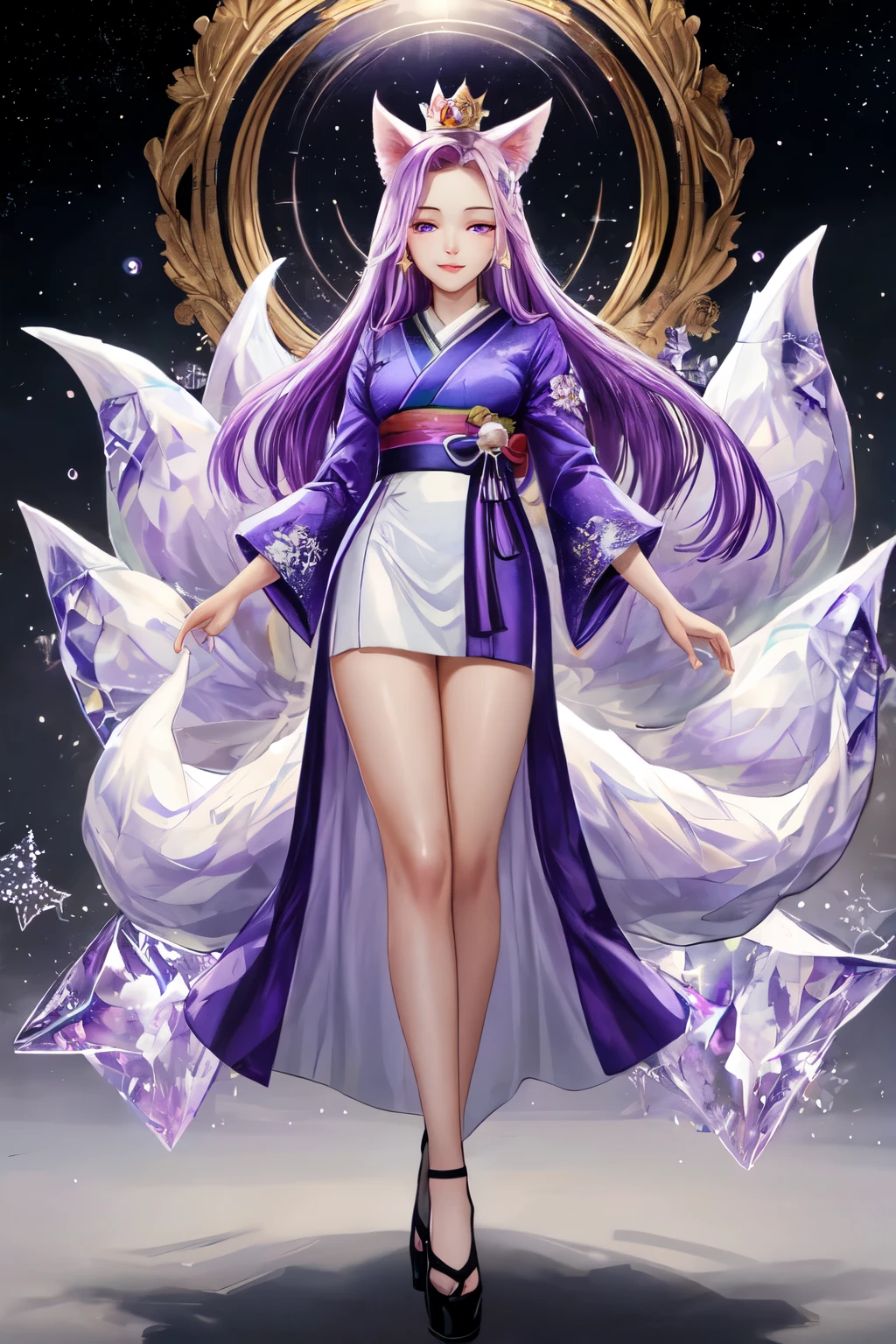 ((best quality)), ((masterpiece)), (detailed), detailed purple eyes, two detailed arms and hands, full-body image, humanoid kitsune, diamond crown on top of head, light purple hair, light purple fox ears, wearing a short kimono, two (2) translucent purple crystal fox tails, star shape marking on her forehead, delicate and beautiful detailing, beautiful face, well-proportioned and detailed purple eyes, round detailed eyes, beautiful detailed and clear purple eyes, long flat bangs, fictional art, best photo, best quality, very beautiful and meticulous star shape forehead marking, delicate, mouth closed smile, not fully smiling