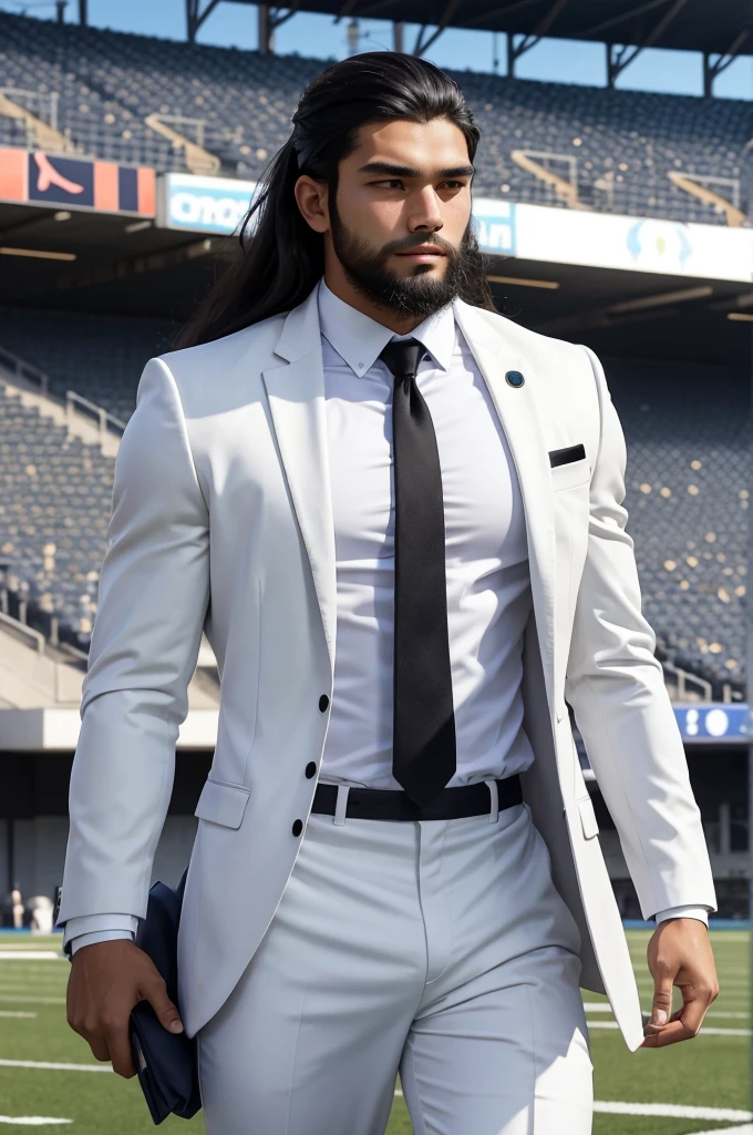 20 year old athletic man from samoa, long black hair, beard, wearing white business suit, at football stadium