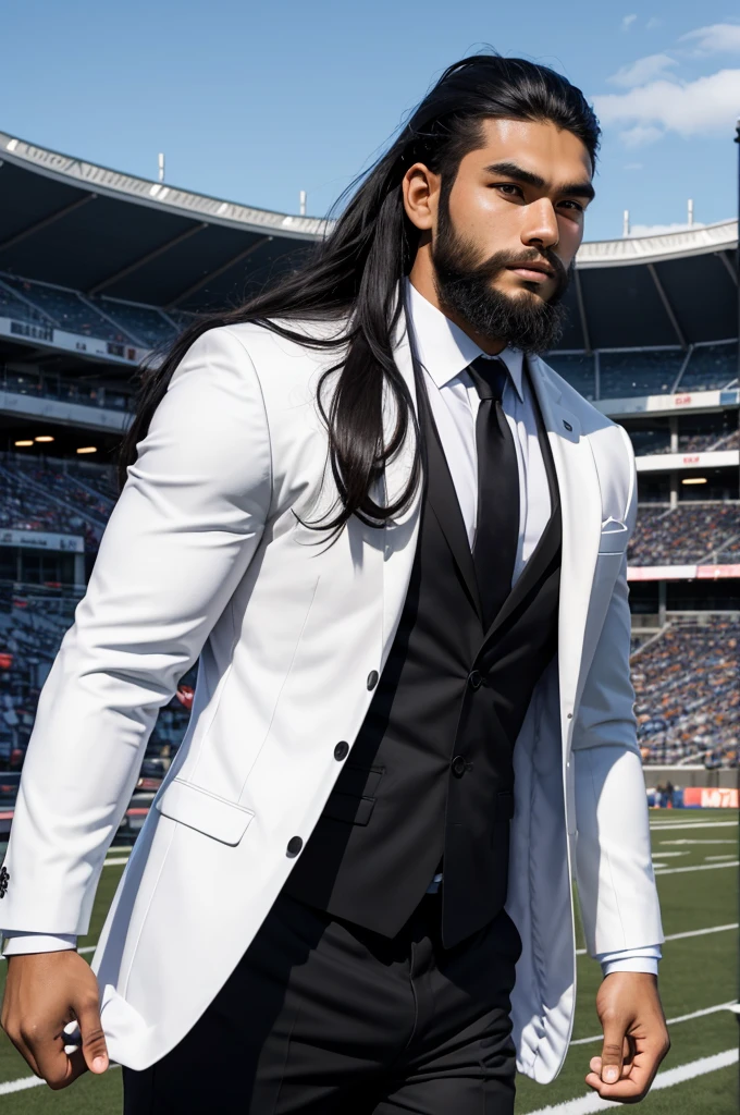 20 year old athletic man from samoa, long black hair, beard, wearing white business suit, at football stadium