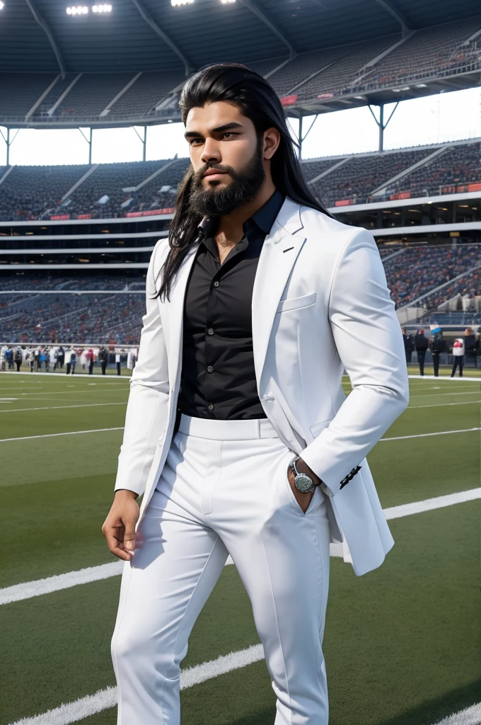 20 year old athletic man from samoa, long black hair, beard, wearing white business suit, at football stadium