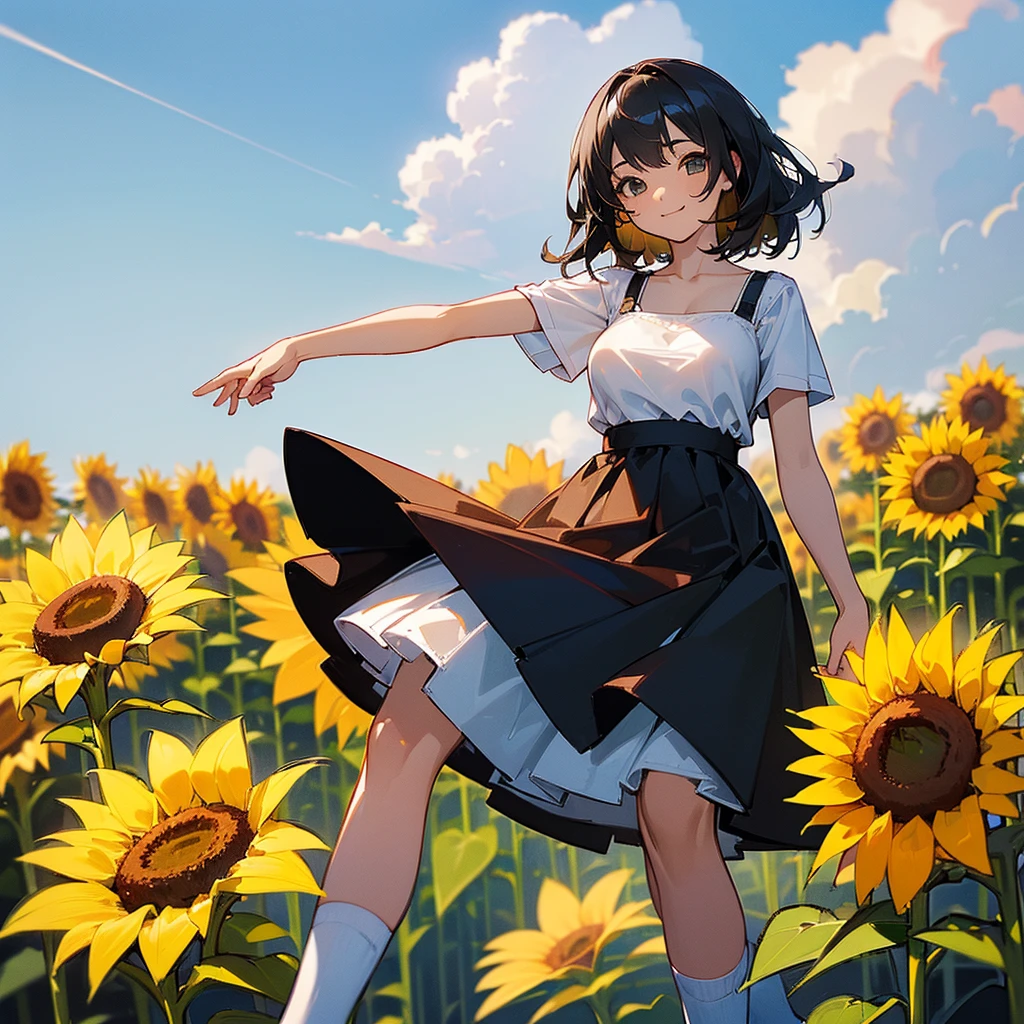 (high quality, High resolution, Very detailed, reality:1.37), Peaceful atmosphere, (Sunflower field), age girl standing alone, (my breasts are big.), Beautiful details, Cute Smile, (Black bob hair), White camisole dress, White socks, loafers.