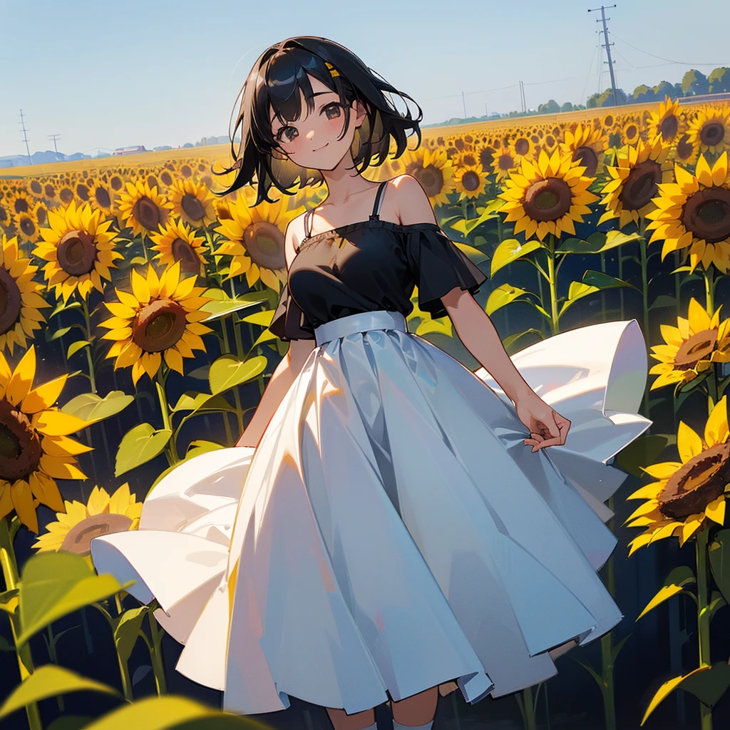 (high quality, High resolution, Very detailed, reality:1.37), Peaceful atmosphere, (Sunflower field), age girl standing alone, (my breasts are big.), Beautiful details, Cute Smile, (Black bob hair), White camisole dress, White socks, loafers.
