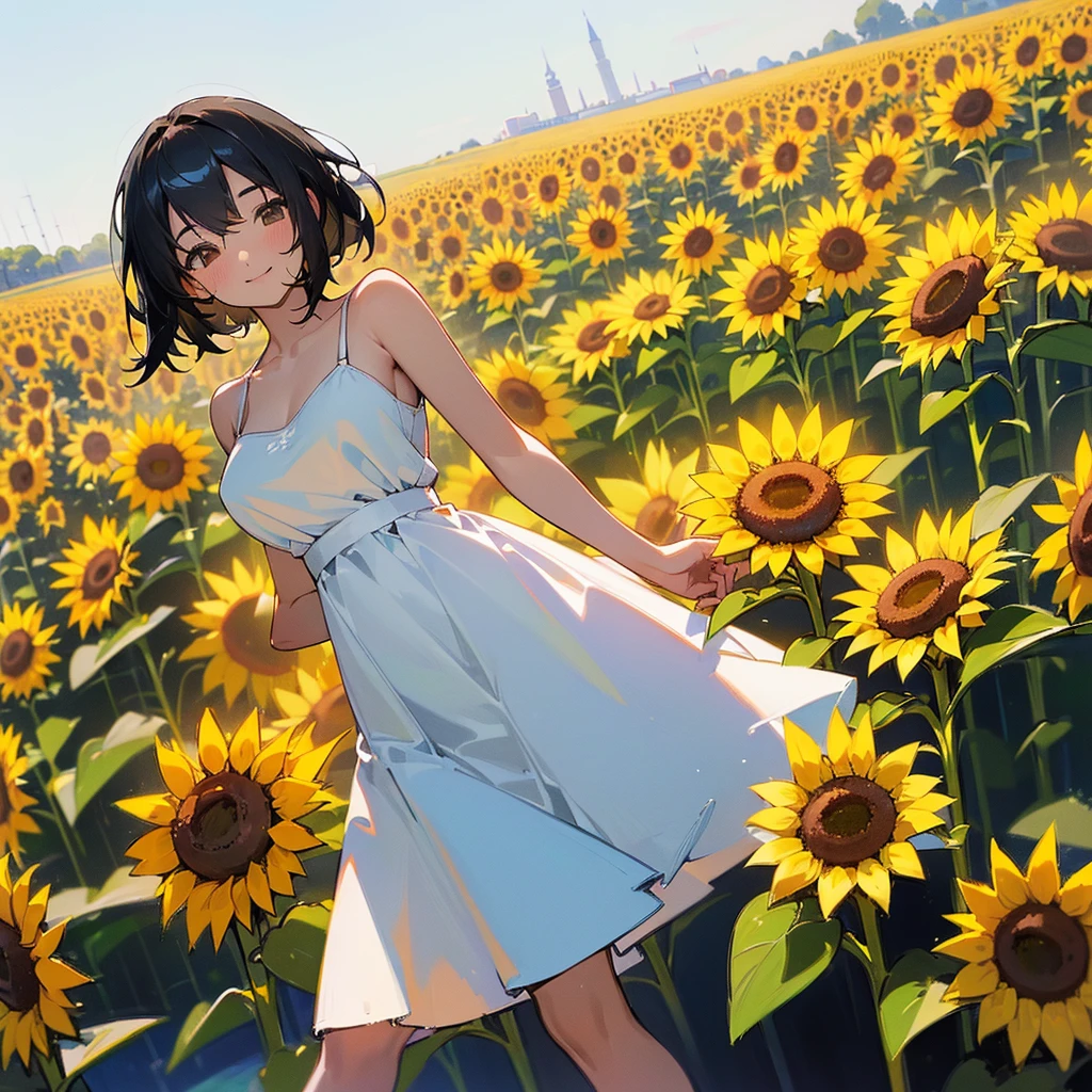 (high quality, High resolution, Very detailed, reality:1.37), Peaceful atmosphere, (Sunflower field), Teenage girl standing alone, (my breasts are big.), Beautiful details, Cute Smile, (Black bob hair), White camisole dress, White socks, loafers.