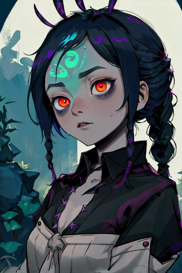 1 neeko (smooth lighting), ((Beautiful eyes))30mm lens,wide shot layout,wednesday addams BREAK 12years old,black hair,pale skin,red eyes,jitome,hollow eyes, half-closed eyes,detailed eyes,beautiful eyes,hair ornaments at hexagram,(braid),ashamed,troubled expression,best quality,ultra-detailed,(masterpiece),sweat,looking away, In old hotel
