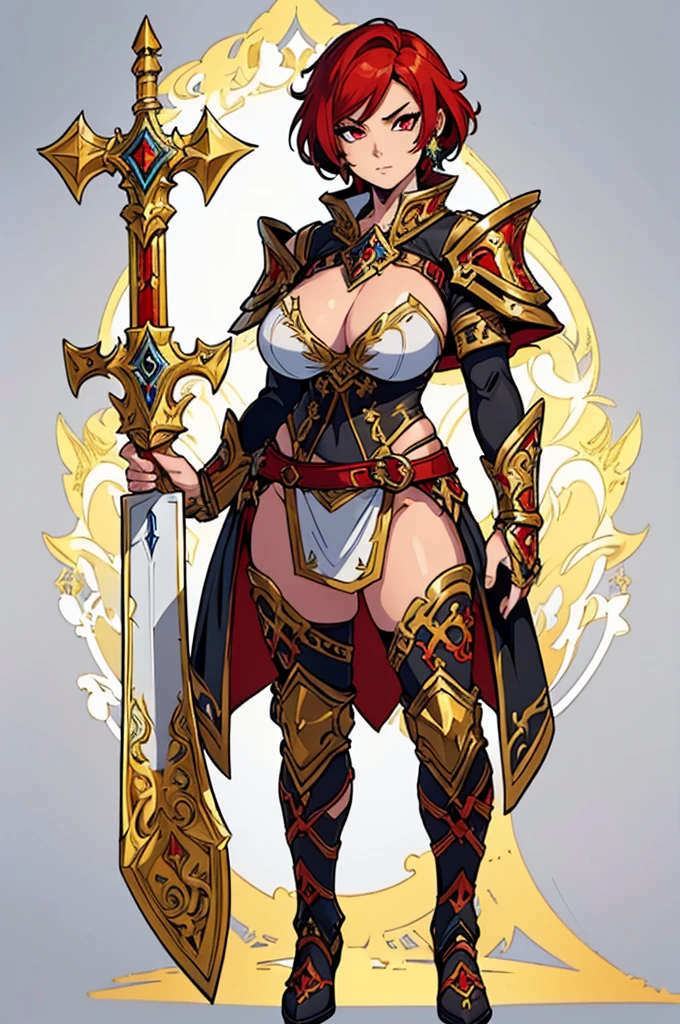 (masterpiece, best quality, high resolution, (huge breasts) 1 female warrior, full body gold fantasy Nordic warrior costume, fantasy Nordic sword in hands, very short red hair, male hairstyle, red eyes, (white background,Stickers.Redmond ), ((full body standing)),
