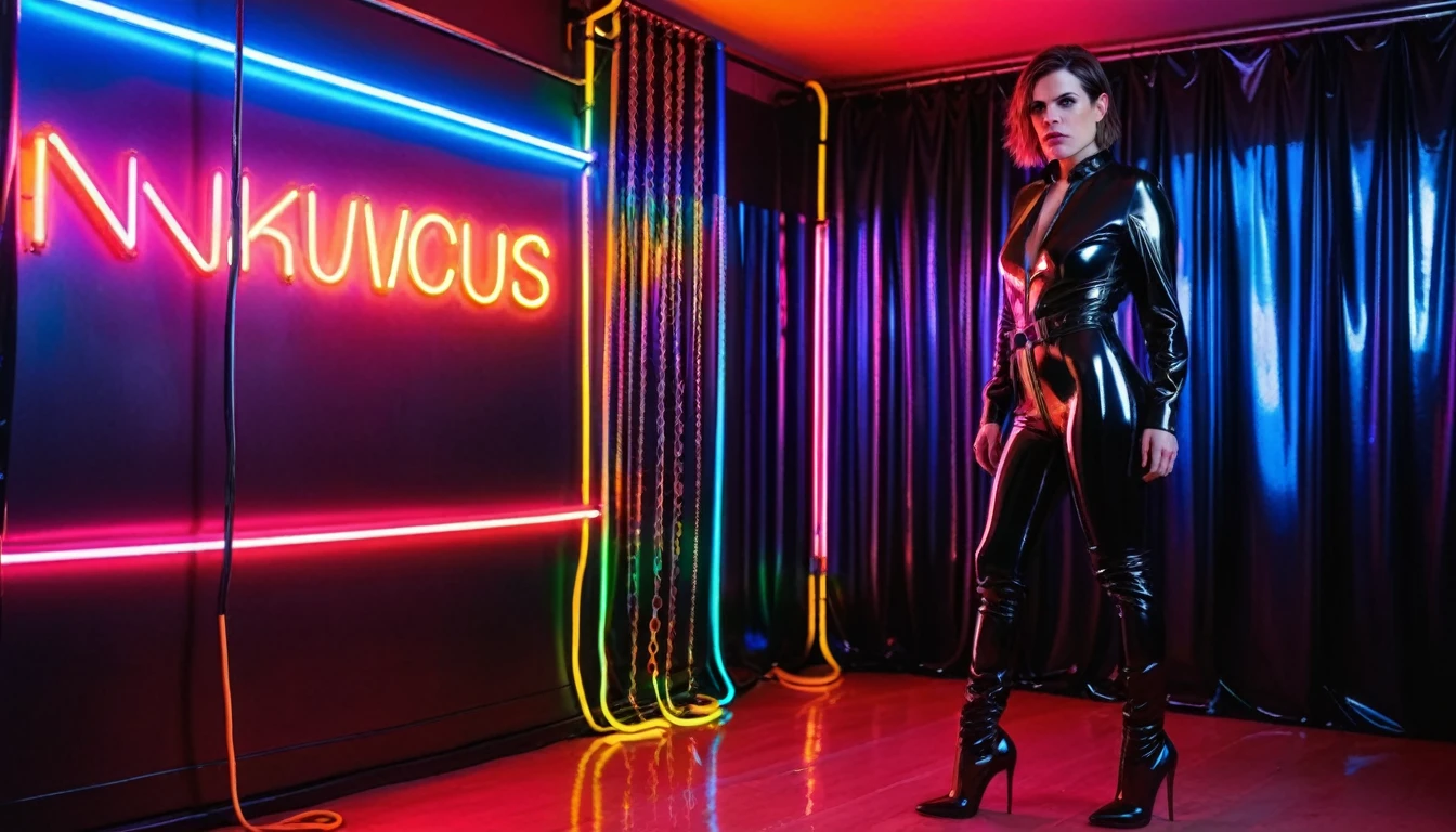 tight glossy transparent pink latex catsuit, cleavage, latex fetish, transparent latex