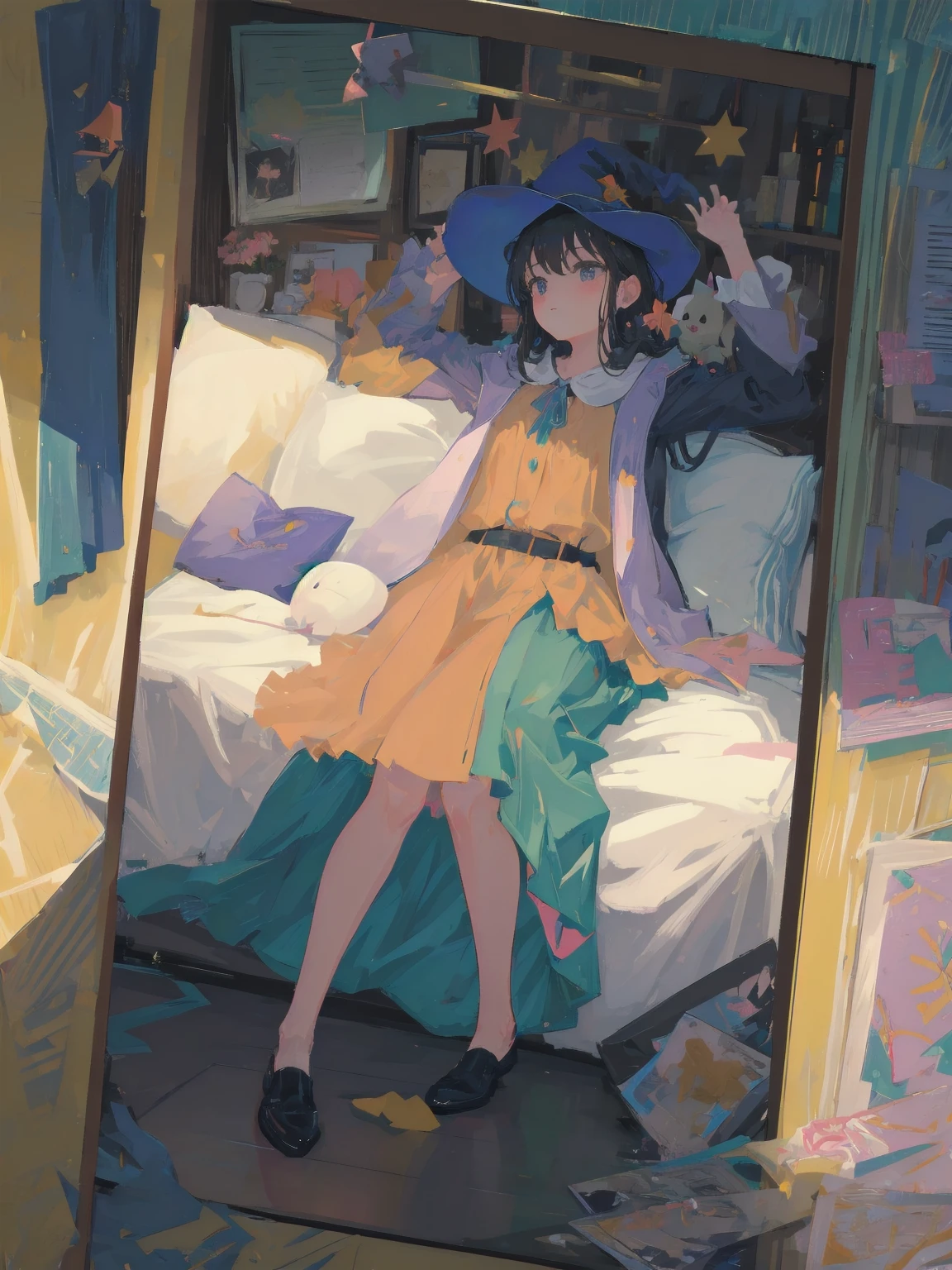 masterpiece, illustration, super detailed, kawaii, one girl, solo, witch in super cute pose, bed room, cowboy shot ,sfw, Dynamic angle