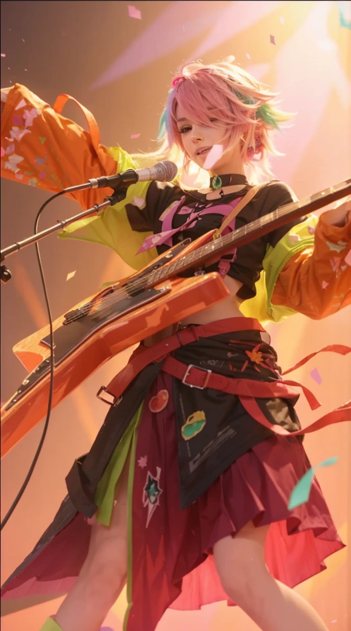 A vibrant, high-quality, 4K depiction of a dynamic, colorful anime character performing on stage with a guitar. The character has a unique hairstyle with pink, white, and green hues, and is dressed in a stylish, colorful outfit. The background features a warm, glowing atmosphere with confetti floating around, enhancing the lively and energetic performance