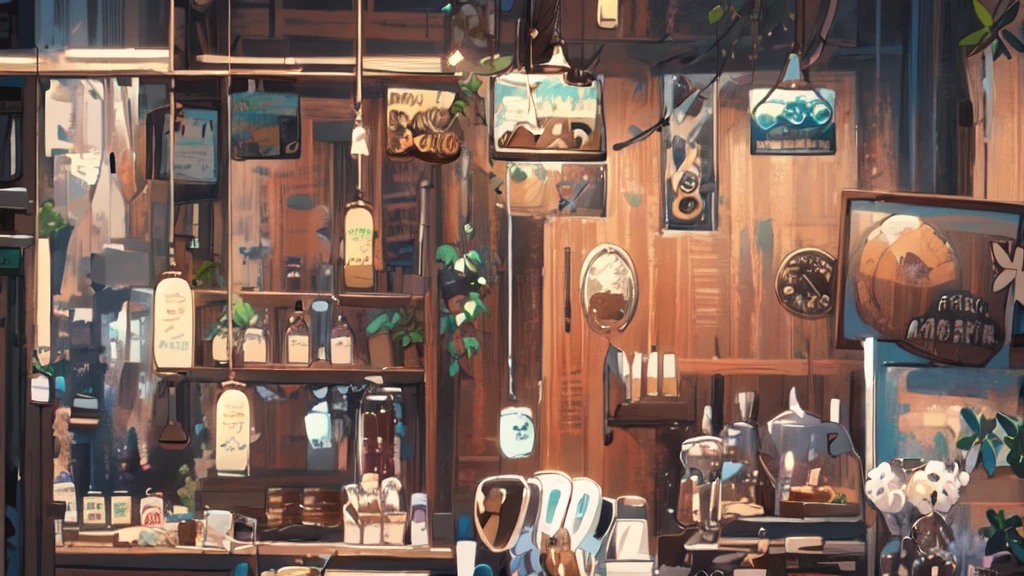 Picture of a bar with many bottles and chairs, cozy Cafe background, anime Background Art, coffee shop, Background Art, Cafe, Illustrated Starbucks interior, Anime scenery concept art, Anime Background, Cafe interior, Highly detailed scenes, Ghibli studio style, studio Ghibli aesthetic, Colorful anime movie background, Background Artwork, Fantasy tavern background, mysterious coffee shop girl, Ghibli