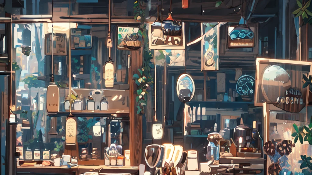 Picture of a bar with many bottles and chairs, cozy Cafe background, anime Background Art, coffee shop, Background Art, Cafe, Illustrated Starbucks interior, Anime scenery concept art, Anime Background, Cafe interior, Highly detailed scenes, Ghibli studio style, studio Ghibli aesthetic, Colorful anime movie background, Background Artwork, Fantasy tavern background, mysterious coffee shop girl, Ghibli