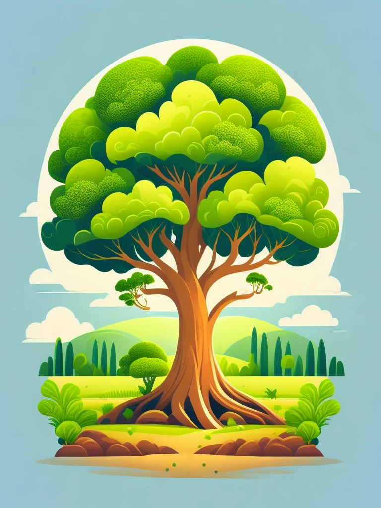 Broccoli tree in a summer landscape, tshirt design, Broccoli design, Vector art