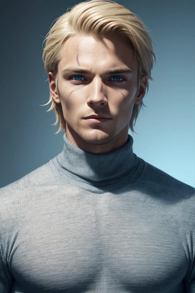 young man with blonde hair combed back. With dark and serious blue eyes, **he has multiple diagonal scars that go from one side of his face to the other as if they were scratches****he has multiple diagonal scars that go from one side of his face to the other as if they were scratches****he has multiple diagonal scars that go from one side of his face to the other as if they were scratches****he has multiple diagonal scars that go from one side of his face to the other as if they were scratches****he has multiple diagonal scars that go from one side of his face to the other as if they were scratches****he has multiple diagonal scars that go from one side of his face to the other as if they were scratches****he has multiple diagonal scars that go from one side of his face to the other as if they were scratches**. The expression on his face is serene and contemplative. He wears a blue turtleneck sweater with long sleeves that cover his hands. Large white wings extend from his back, like those of an angel. musculoso