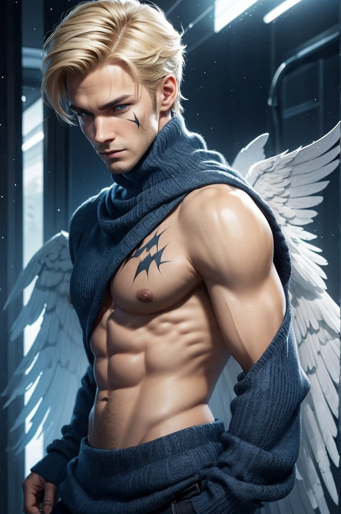 young man with blonde hair combed back. With dark and serious blue eyes, **he has multiple diagonal scars that go from one side of his face to the other as if they were scratches****he has multiple diagonal scars that go from one side of his face to the other as if they were scratches****he has multiple diagonal scars that go from one side of his face to the other as if they were scratches****he has multiple diagonal scars that go from one side of his face to the other as if they were scratches****he has multiple diagonal scars that go from one side of his face to the other as if they were scratches****he has multiple diagonal scars that go from one side of his face to the other as if they were scratches****he has multiple diagonal scars that go from one side of his face to the other as if they were scratches**. The expression on his face is serene and contemplative. He wears a blue turtleneck sweater with long sleeves that cover his hands. Large white wings extend from his back, like those of an angel. musculoso