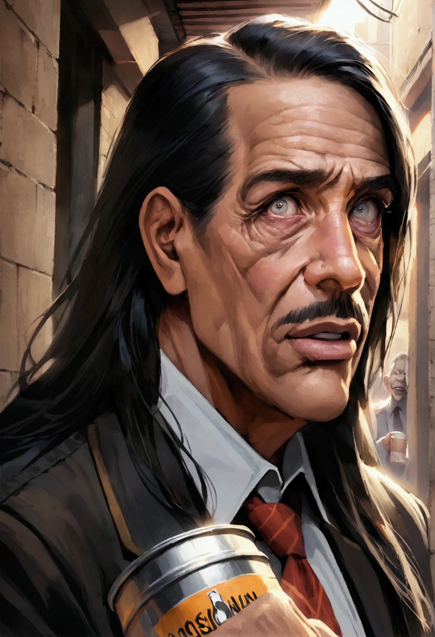 A long-haired metal fan, Holding a brick in my hand, in a dirty alley, There is a bar with a signature beer next to the alley, In front of the bar is a trash can full of garbage, A middle-aged man in a suit with thinning hair looked terrified, exaggerated facial expression, style of richard corben, jim carrey caricature realism, portrait of danny trejo