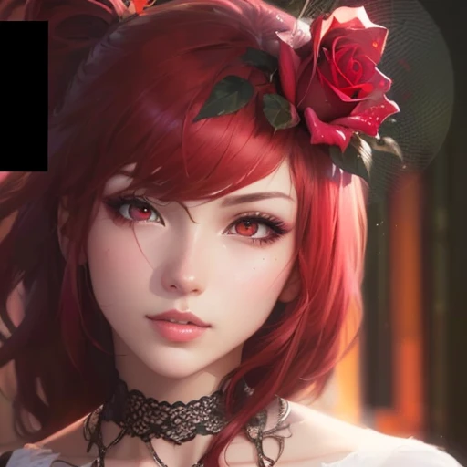 there is a woman with red hair and a rose in her hair, glowing crimson head, crimson red hair and red eyes, crimson themed, anime realism style, deviantart artstation cgscosiety, cgsociety portrait, artgerm portrait, artgerm detailed, artgerm. high detail, persona 5 art style wlop, artgerm and wlop