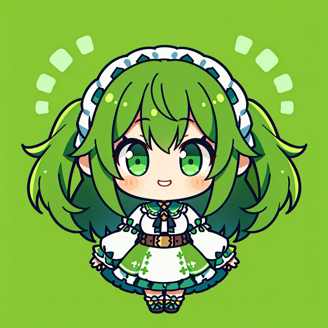 masterpiece, beautiful detailed, 1girl, Cartoon bones, chibi:1, Chibi, (Long Sleeve), Shy-Smile, green Eyes, green hair, one side up, medium breasts, hair scrunchie, Colorless solid background