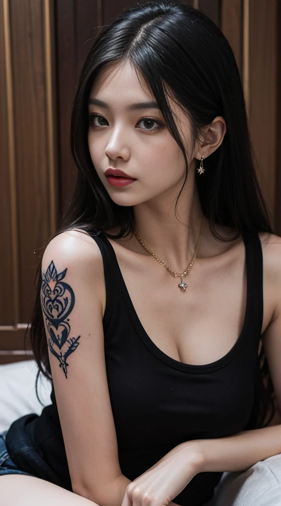 Reality, high resolution, Soft Light,1 Woman, Solitary, Hip lift, (Delicate face),Tattoo, Jewelry, Streetwear, Beautiful Soldier, Attract the audience's attention, lover's perspective, Invitation to express, Sexy smile, Perfect style, Perfect balance, Delicate skin, Naughty eyes, Visible chest、Full Body Love