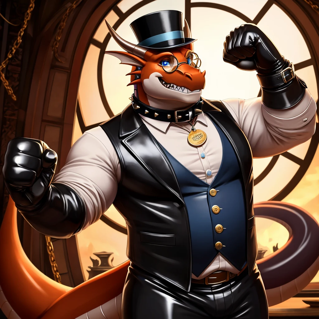 Solo, Male, fat, extremely obese, gentleman, dapper Professor Dragon, blue eyes, (posing:1.3), (soft shading), 4k, hi res, ((detailed face, detailed)), looking at viewer, mouth wide open, steampunk, collared shirt with buttons, top hat, male focus, Explorer Outfit, glasses, monocle, vest with buttons, sleeves rolled up, round eyewear, brown headwear, brown vest, Dragon is wearing a glossy leather dog collar around the neck, Dragon is wearing the leather collar and shirt and vest at the same time, Dragon is wearing glossy white rubber gloves on the hands, wearing white rubber gloves on the feet, gloves are rubber in texture, clenching teeth, clenching fists, leather collar is glossy and shiny with a lot of detail, Dragon is wearing gloves and leather collar at the same time, leather collar has a round dog-tag, leather collar is thick and detailed, leather collar is glossy and shiny, fancy clothing, dapper vest, dapper shirt, leather collar is thick, gold dome-shaped studs around the leather collar.